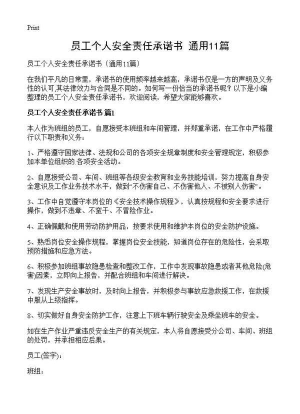 员工个人安全责任承诺书11篇