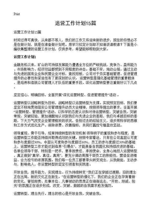 运营工作计划15篇