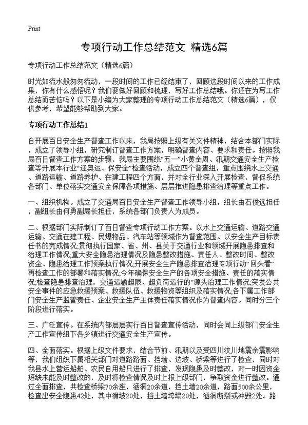 专项行动工作总结范文6篇