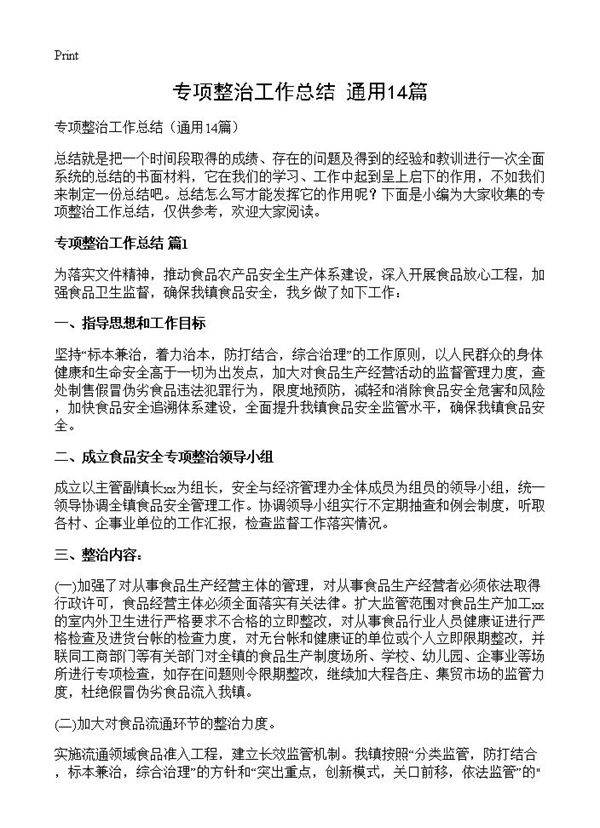 专项整治工作总结14篇