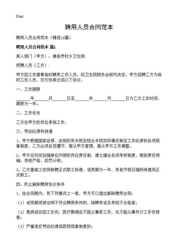 聘用人员合同范本16篇