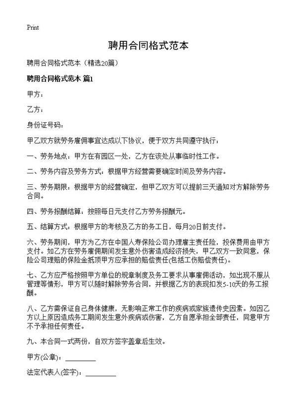 聘用合同格式范本20篇