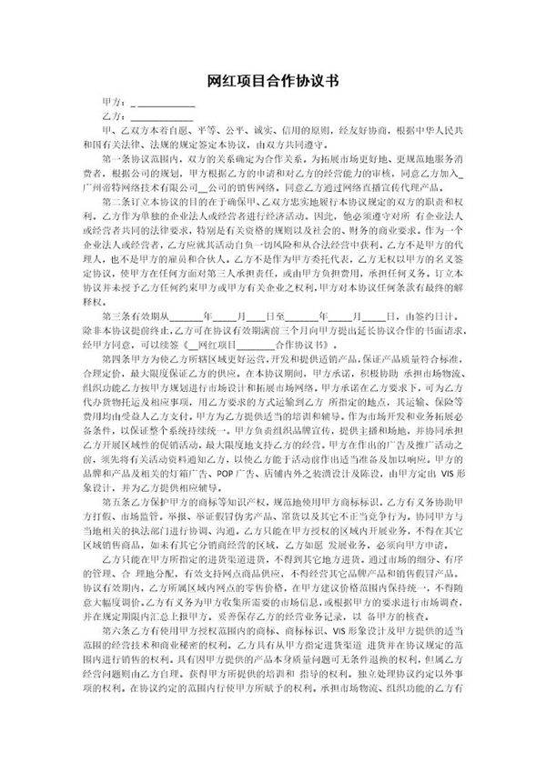 网红项目合作协议书