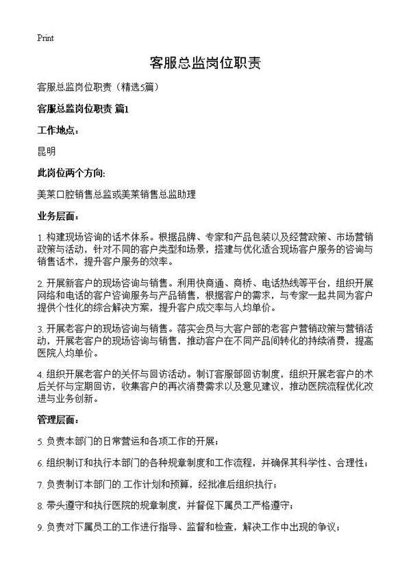 客服总监岗位职责5篇