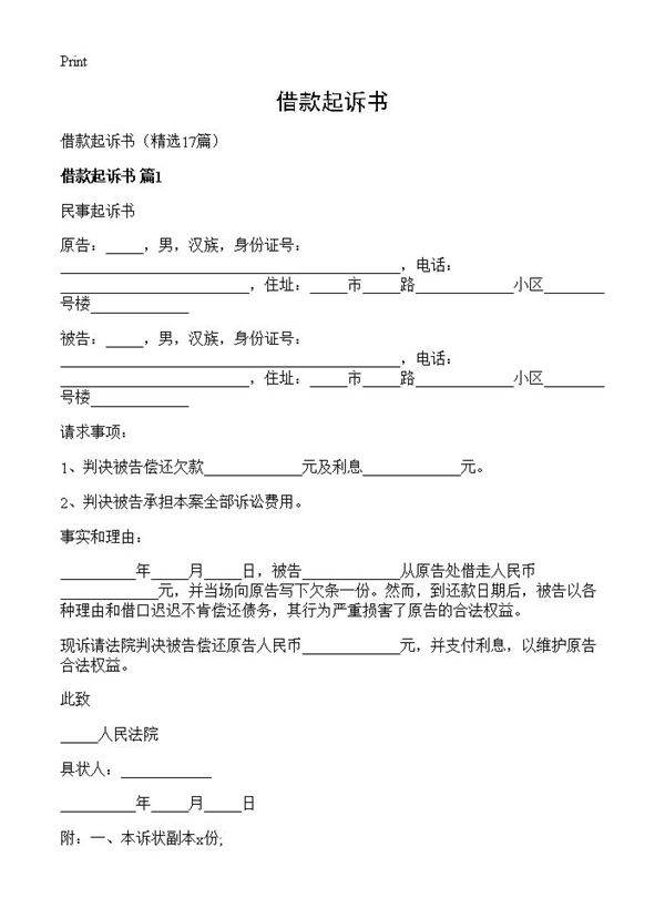 借款起诉书17篇