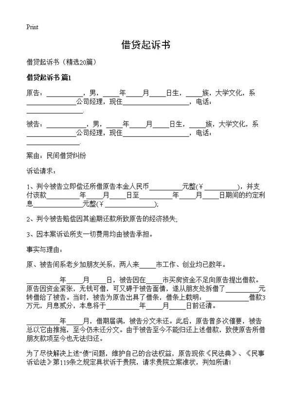 借贷起诉书20篇