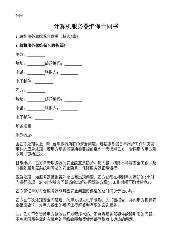 计算机服务器维保合同书5篇