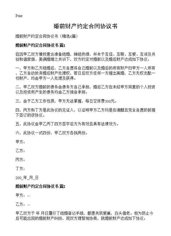 婚前财产约定合同协议书6篇