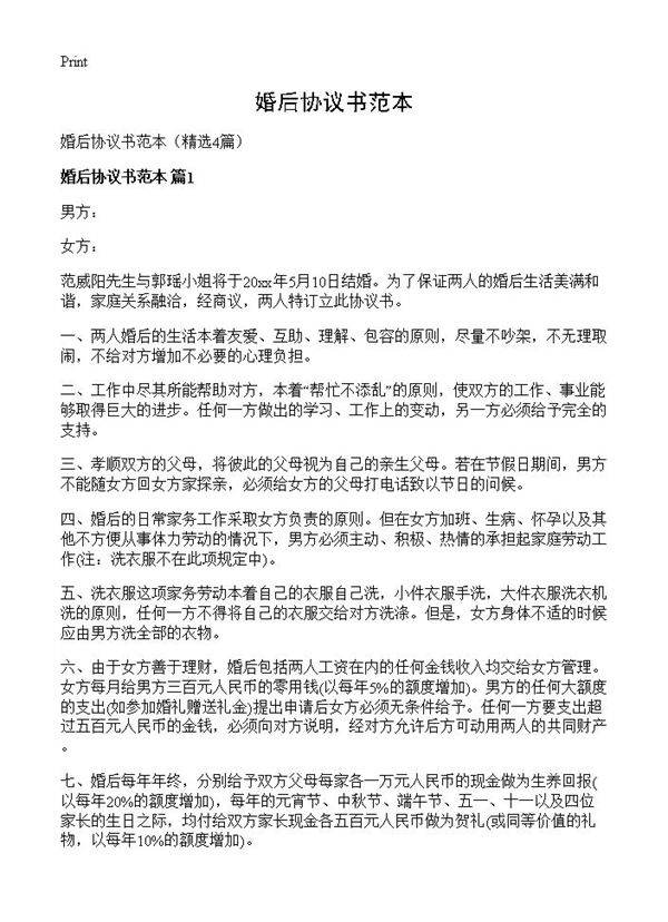 婚后协议书范本4篇