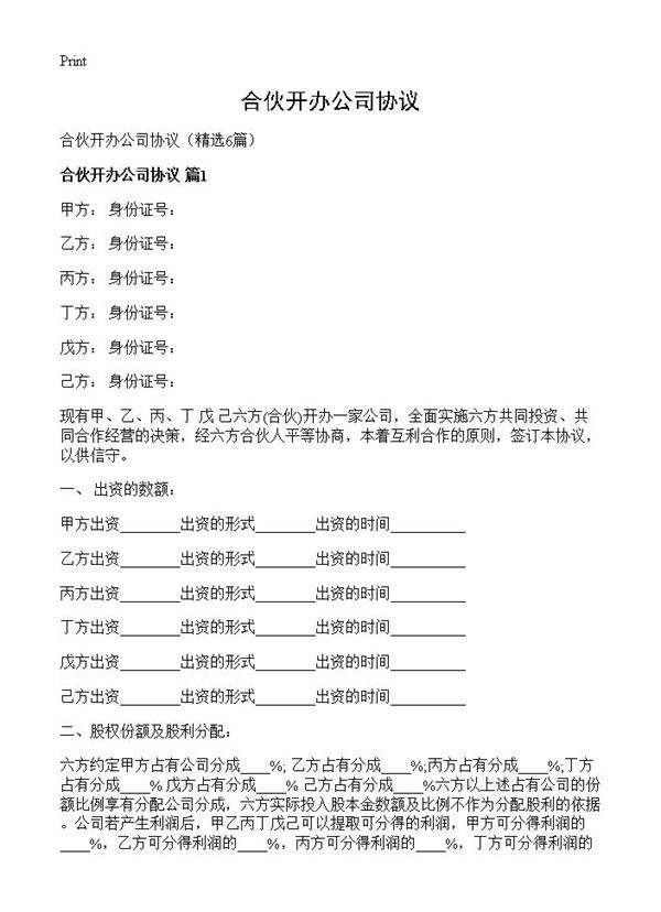 合伙开办公司协议6篇