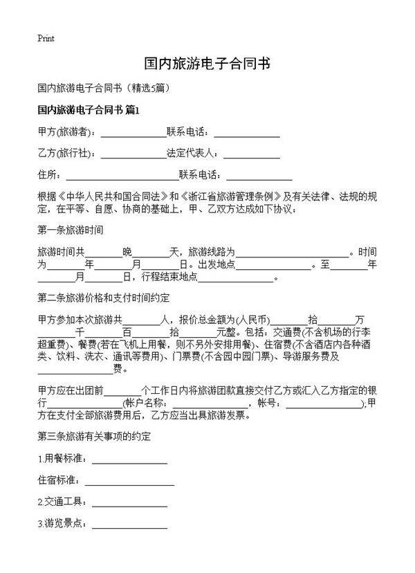 国内旅游电子合同书5篇