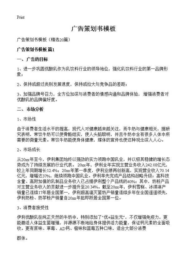 广告策划书模板20篇