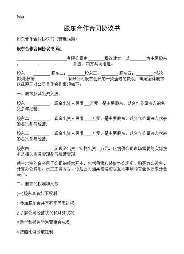 股东合作合同协议书16篇