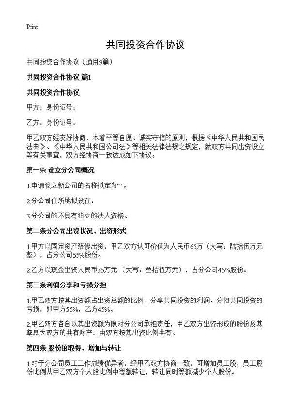 共同投资合作协议9篇