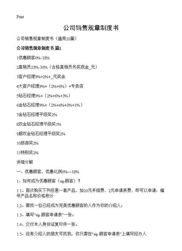 公司销售规章制度书20篇