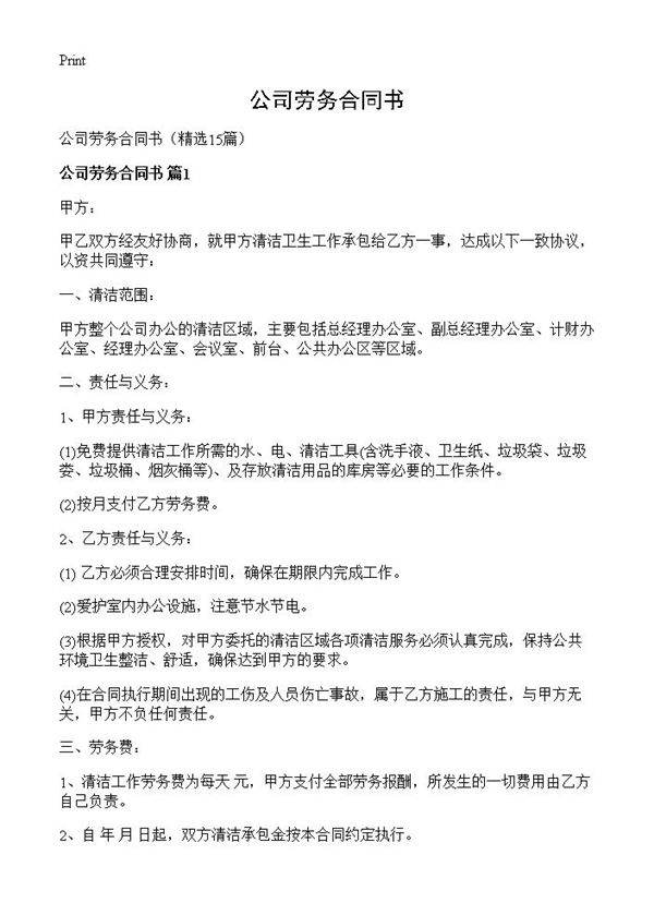 公司劳务合同书15篇