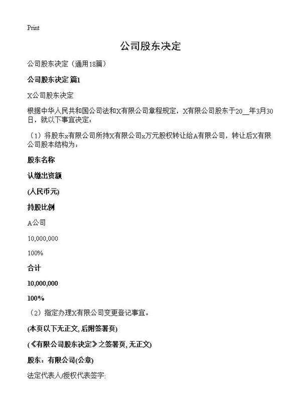 公司股东决定18篇