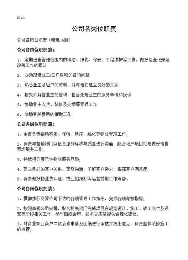 公司各岗位职责16篇