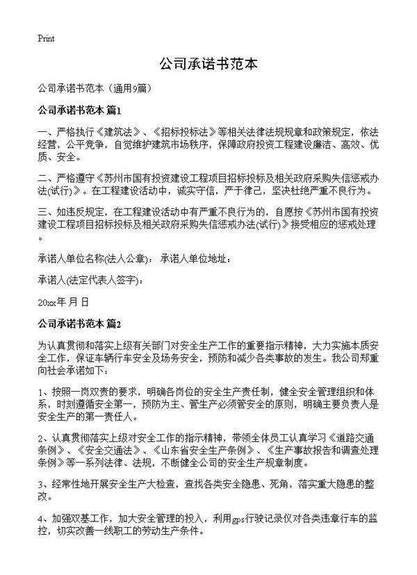 公司承诺书范本9篇