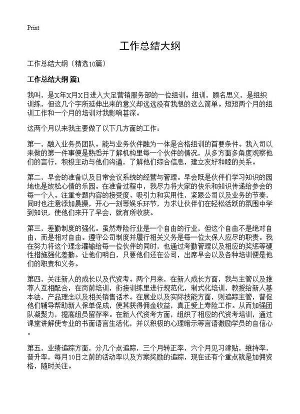 工作总结大纲10篇