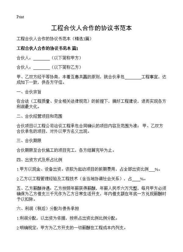 工程合伙人合作的协议书范本3篇