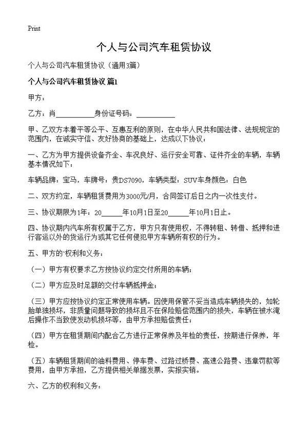 个人与公司汽车租赁协议3篇