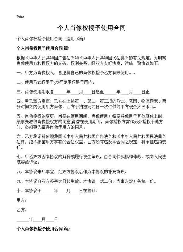 个人肖像权授予使用合同16篇