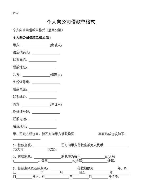个人向公司借款单格式16篇