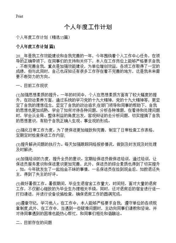 个人年度工作计划15篇