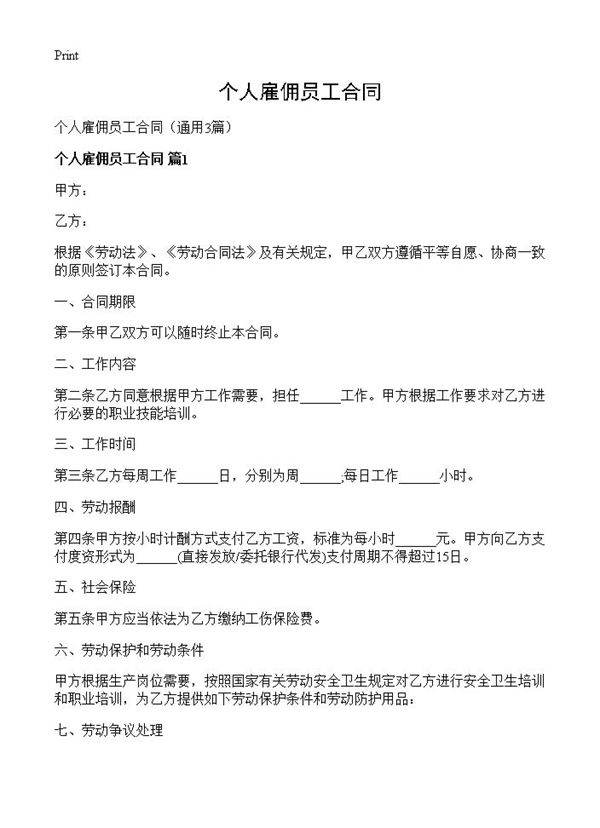 个人雇佣员工合同3篇
