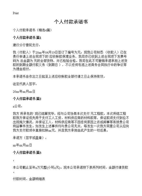 个人付款承诺书4篇