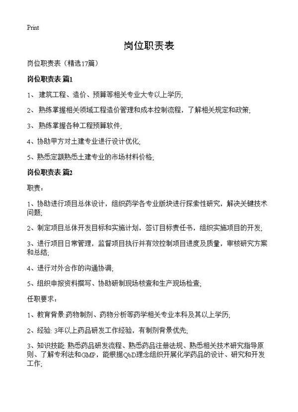 岗位职责表17篇