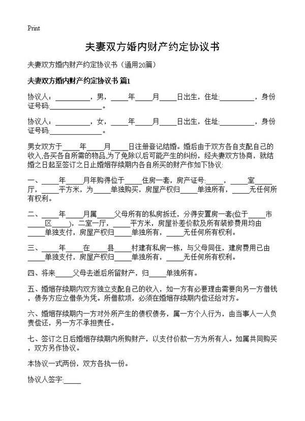 夫妻双方婚内财产约定协议书20篇