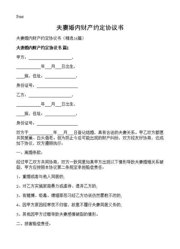 夫妻婚内财产约定协议书16篇