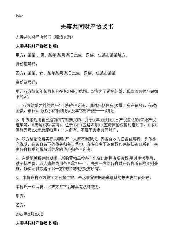 夫妻共同财产协议书10篇