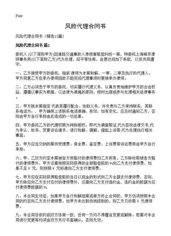风险代理合同书15篇