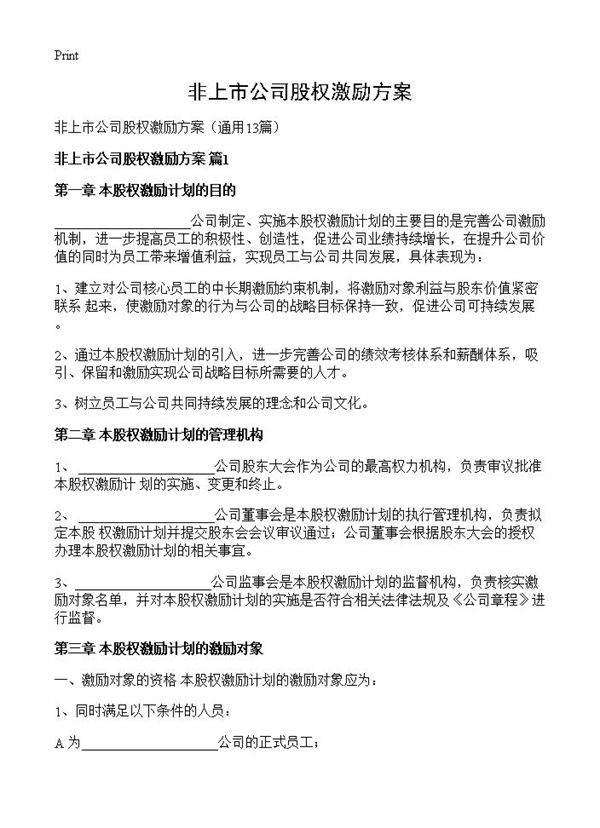 非上市公司股权激励方案13篇