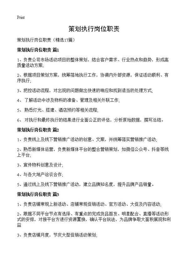策划执行岗位职责17篇