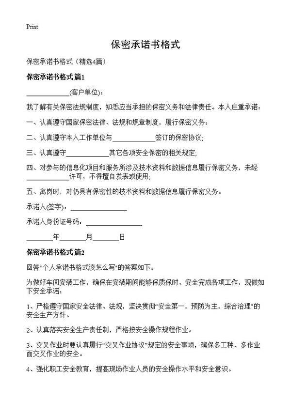 保密承诺书格式4篇