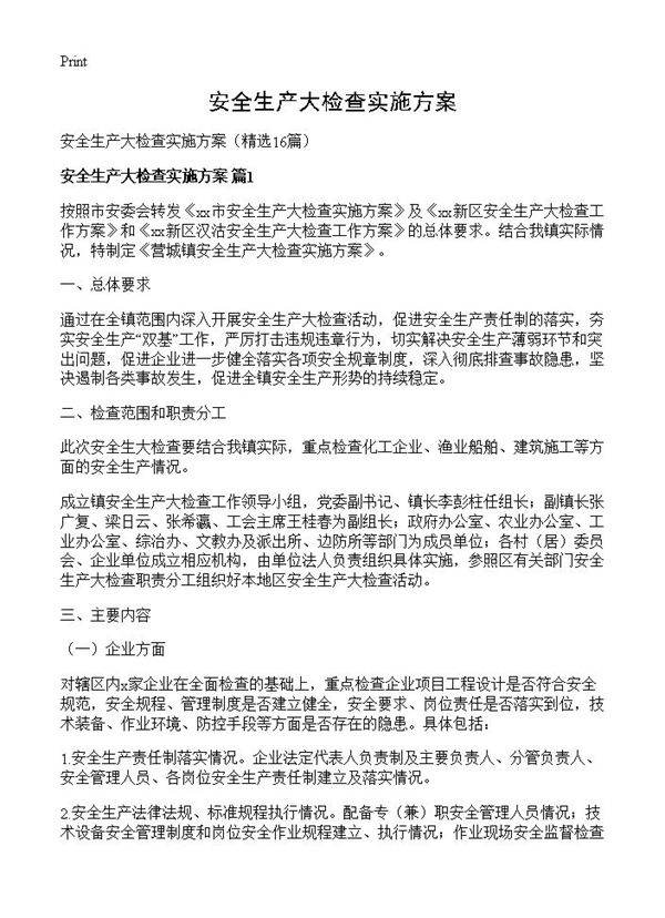 安全生产大检查实施方案16篇