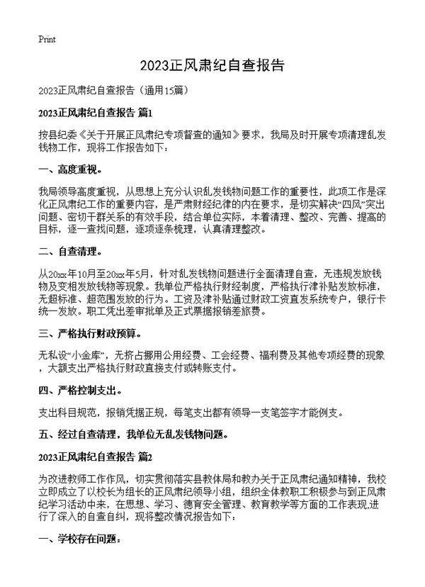 2023正风肃纪自查报告15篇
