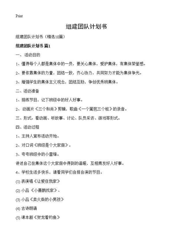 组建团队计划书18篇