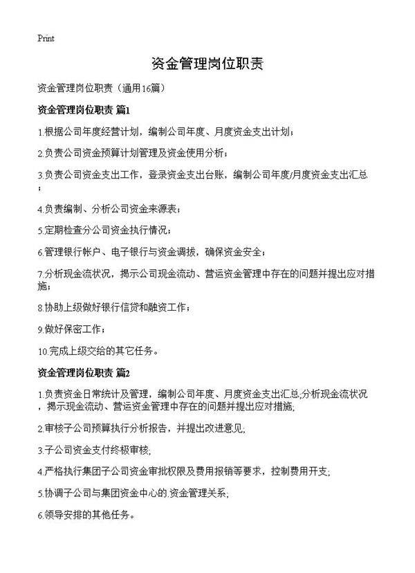 资金管理岗位职责16篇