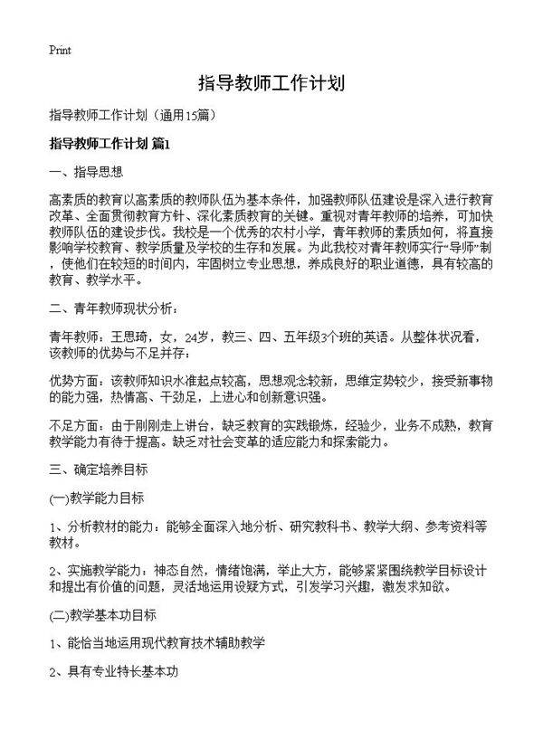 指导教师工作计划15篇