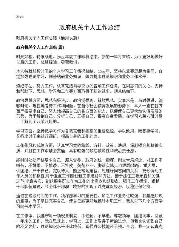 政府机关个人工作总结16篇