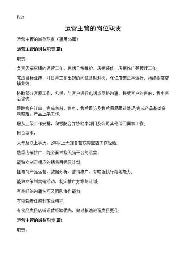运营主管的岗位职责20篇