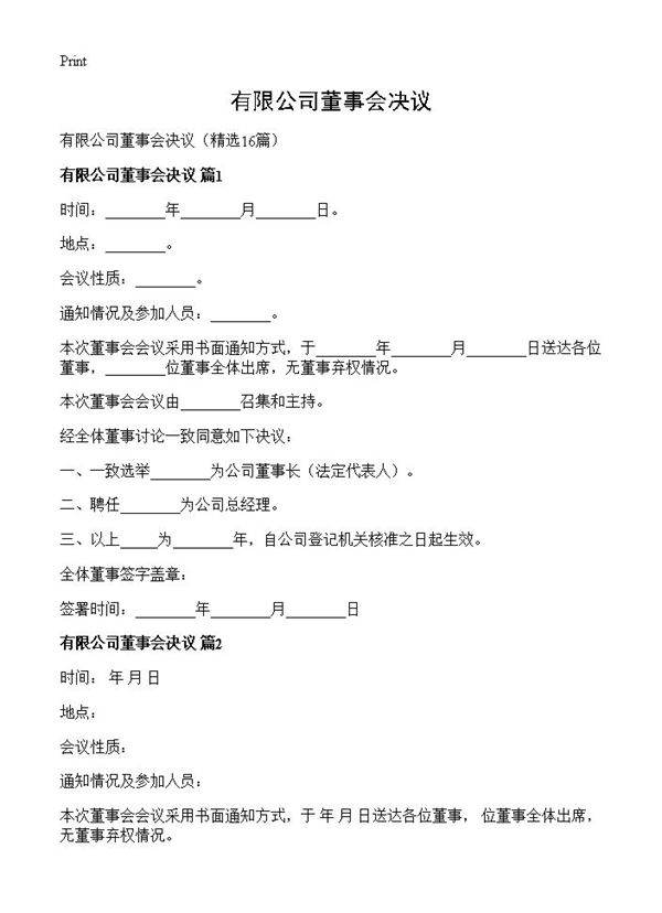 有限公司董事会决议16篇