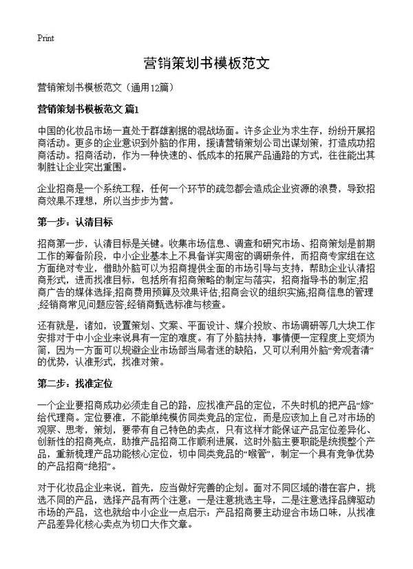 营销策划书模板范文12篇