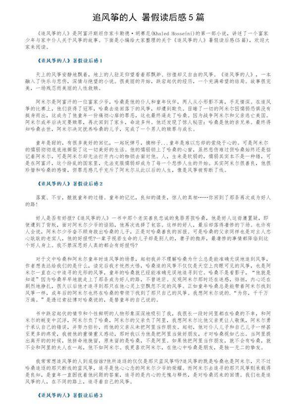 《追风筝的人》暑假读后感5篇