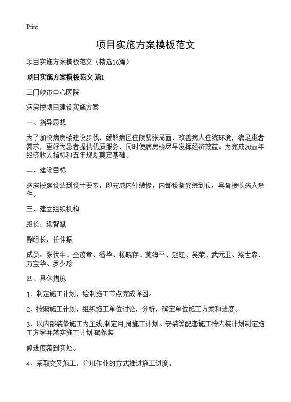 项目实施方案模板范文16篇
